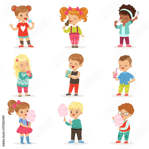 Set of little boys and girls drinking cocktails and eating sweets