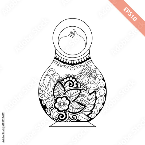 Black line nesting doll with floral ornament isolated on white background. Decorative element. Coloring page.