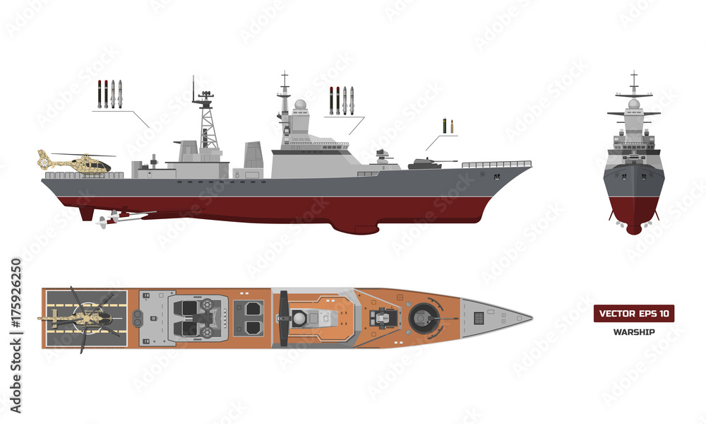 Detailed Image Of Military Ship Top Front And Side View Battleship