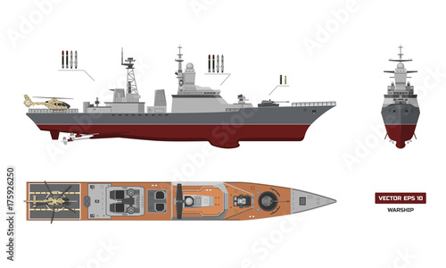 Detailed image of military ship. Top, front and side view. Battleship model. Industrial drawing. Warship in outline style