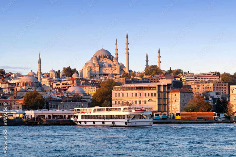 Fototapeta premium Panoramic cityscape over Bosphorus with Suleymaniye Mosque in Istanbul, Turkey