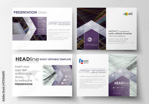 Set of business templates for presentation slides. Easy editable layouts in flat style, vector illustration. Abstract waves, lines and curves. Dark color background. Motion design.