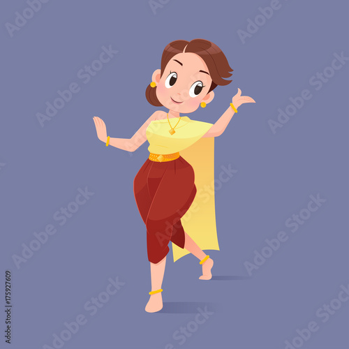 Cartoon Woman Thai Dance  Traditional Dance Of Thailand  Vector illustration
