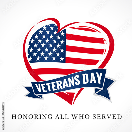 Veterans day USA heart emblem in national flag colors. Veterans day greeting card with USA heart shape design and Honoring all who served text. Vector illustration