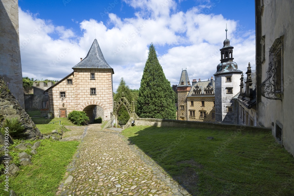 Courtyard of medieval Gothic and Renaissance style castle in Frydlant, Czech Republic