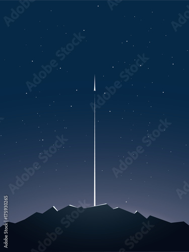 Business startup concept vector background with space for text or infographics. Rocket flying to space above mountains landscape, technology innovation, new business symbol.