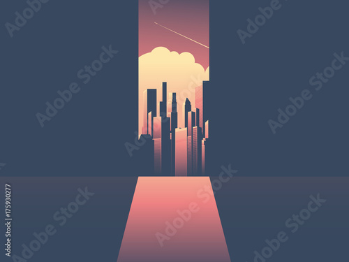 Business opportunity vector concept with door entrance to corporate world with skyscrapers cityscape background.