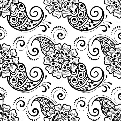 Seamless asian ethnic floral pattern. Mehndi design. Vector illustration