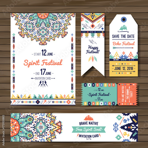 Collection of banners  flyers or invitations with geometric tribal elements. Flyer design in bohemian style