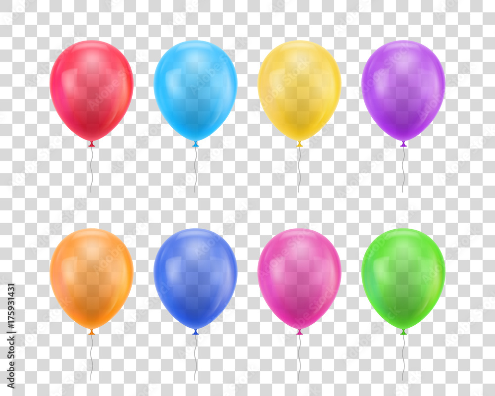 Balloons of different colors on a transparent background set. Colored balloons of realistic set on a transparent background for designers and illustrators. Gasbags template as a vector illustration