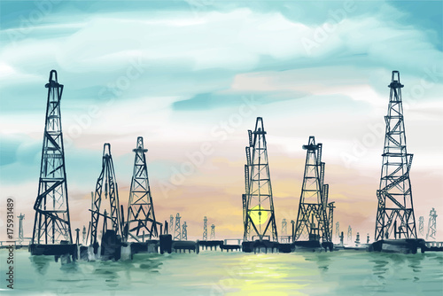 sea oil fields hand drawing vector illustration