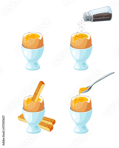 Soft-boiled egg in eggshell in egg holder. Toast soldiers. Pepper shaker pouring ground pepper. Metal spoon with liquid yolk. Vector illustration cartoon flat icon set isolated on white.