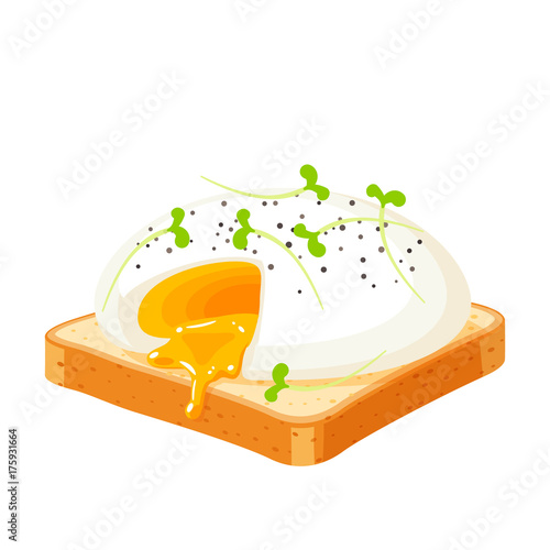 Poached egg on toast with pepper and cress. Vector illustration cartoon flat icon isolated on white.