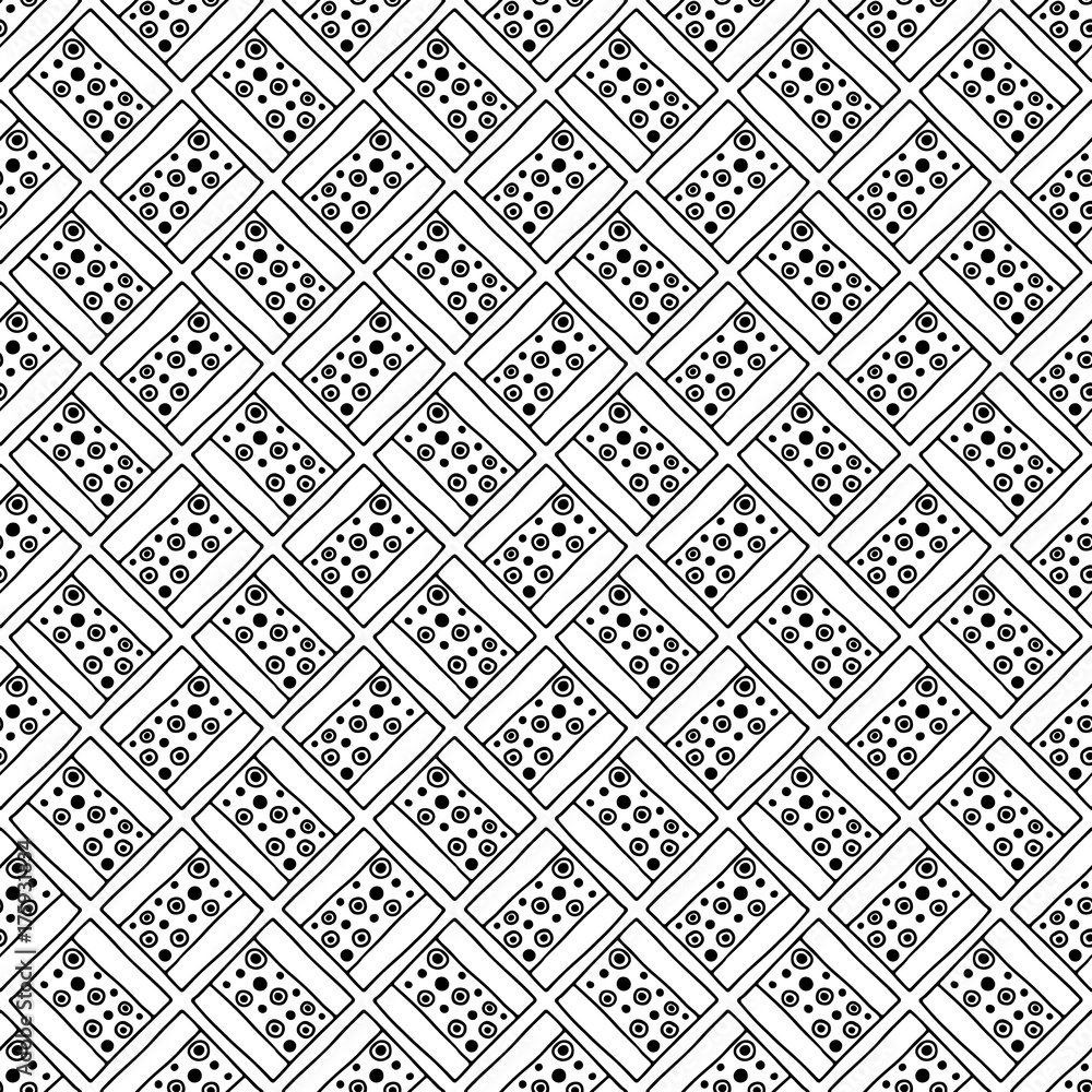 Seamless vector pattern. Black and white geometrical background with hand drawn decorative tribal elements. Print with ethnic, folk, traditional motifs. Graphic vector illustration. Seamless vector pattern. Black and white geometrical background with hand drawn decorative tribal elements. Print with ethnic, folk, traditional motifs. Graphic vector illustration.