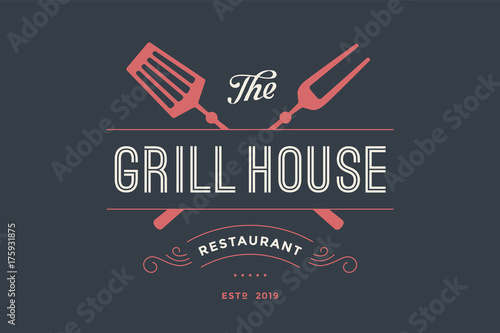 Logo of Grill House restaurant with grill fork, text Grill House, Restaurant. Graphic template for meat business - restaurant, bar, cafe, food court, design - menu, poster, label. Vector Illustration