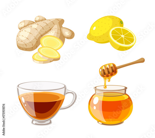 A glass pot full of honey, honey dipper, sliced ginger, lemon and cup of tea. Vector illustration cartoon flat icon isolated on white.