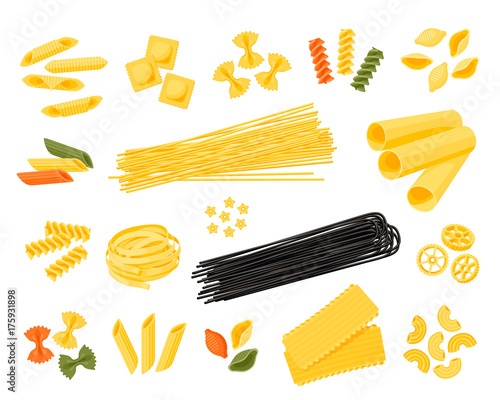 Italian cuisine. Set of assorted types of pasta: spaghetti, cannelloni, farfalle, tagliatelle and other, different colors. Vector illustration cartoon flat icon collection isolated on white.