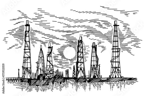 sea oil fields hand drawing vector illustration