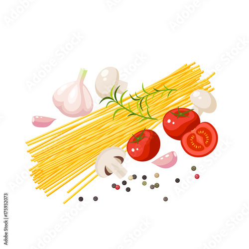 Italian cuisine. Pasta spaghetti, mushrooms, tomatoes, garlic, peppercorn. Vector illustration cartoon flat icon isolated on white.