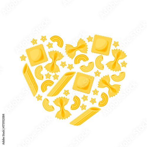 Italian cuisine. Poster heart shape many kinds of pasta. Vector illustration cartoon flat icon isolated on white.