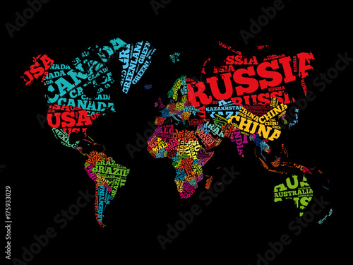 World Map in Typography word cloud, names of countries, education business concept