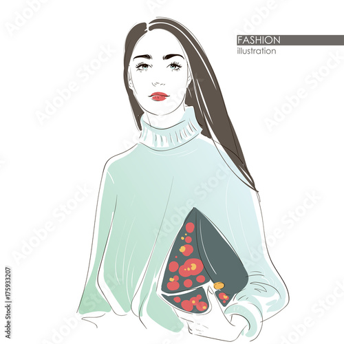 Girl with dark long hair. Hipster cute fashion girl in sketchy style. Vector hand drawn illustration.