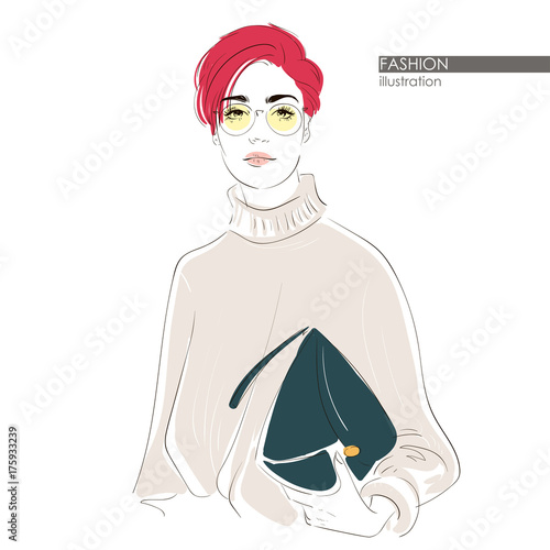 Girl with pink hair in round glasses. Hipster cute fashion girl in sketchy style. Vector hand drawn illustration.