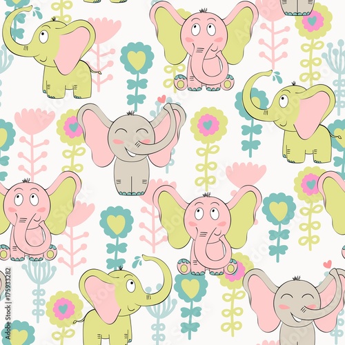 Vector seamless pattern with elephant and flowers