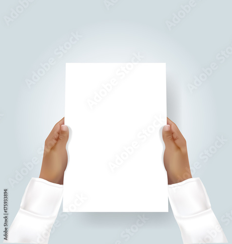 Hand holding blank a4 flyer invitation mock-up. Vector illustration