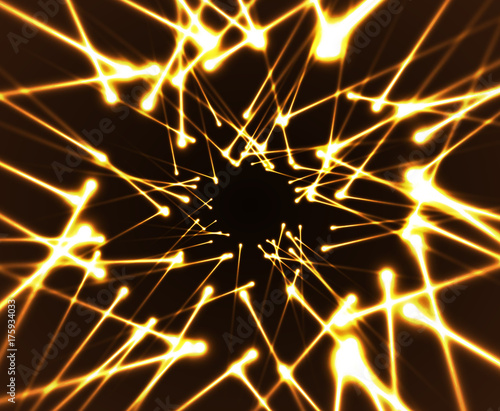 Vector laser ray shiny tunnel golden flare special effect.Yellow long sparks beam in perspective. Abstract Glow neon lines on black background. Holiday concept