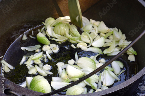 frying fresh onios in the garden on open fire photo