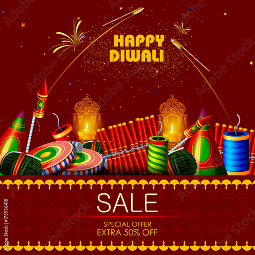 Decorated cracker for Happy Diwali holiday  shopping sale offer background