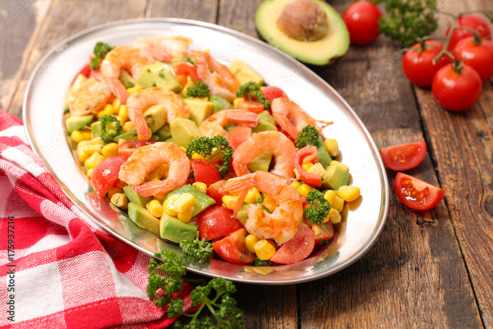 mixed salad with shrimp,corn,avocado and tomato