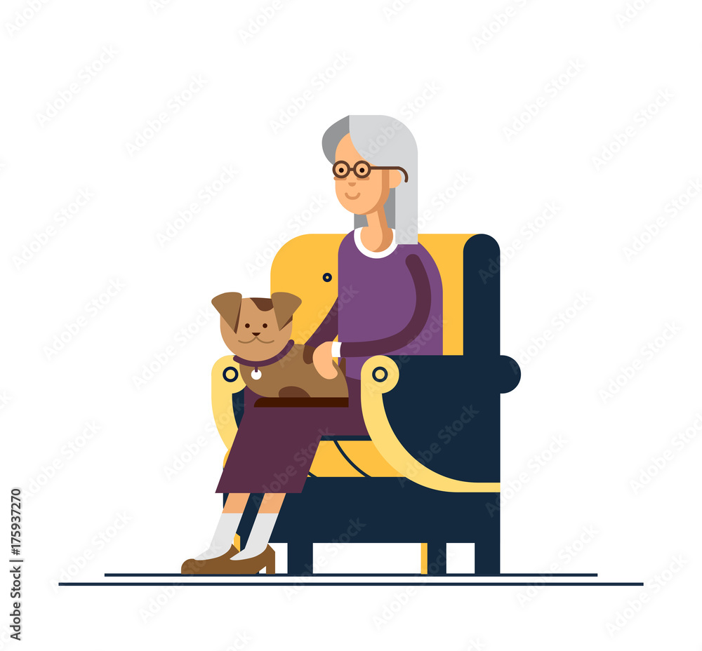 Grandma sitting in cozy chair and keep the puppy on one's knees. Vector illustration of a flat design