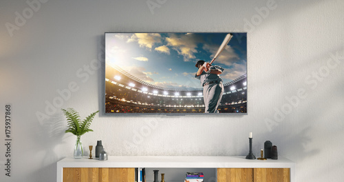 Photography Living room led tv showing baseball game