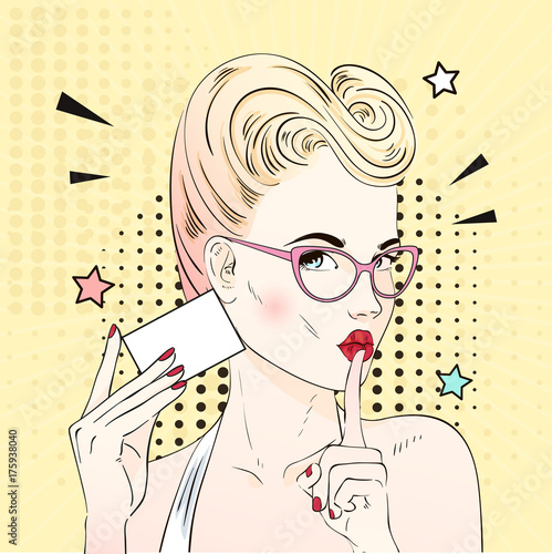 Comic Pop art blonde hair woman face with kiss mouth in glasses calls for silence and holds visit card. Vector illustration.
