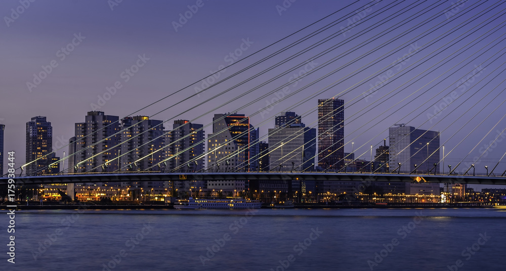 Rotterdam, Netherland's Erasmus bridge close up of wires with downtown skyline in background at night