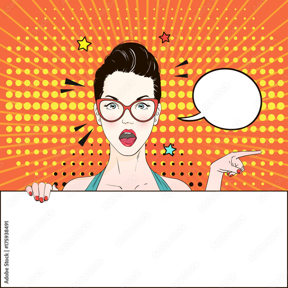 Pop Art Vintage advertising poster comic girl in cat's eye glasses ...