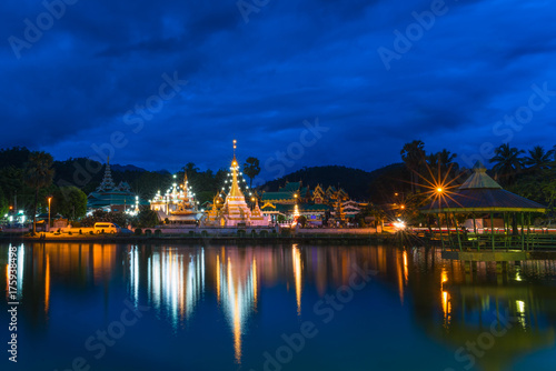 Beautiful of light with blue sky of Wat Wat Chong Klang temple and Wat Chong Kham temple is the travel destination most popular tourist attractions in Mae Hong son near Chiang Mai province, Thailand