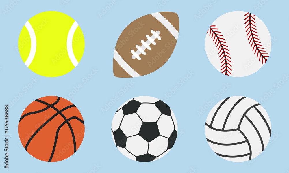 Sports balls icons isolated on a blue background. Tennis, Rugby, Basketball, Soccer, Football, Voleyball, Baseball balls. Trendy flat icons