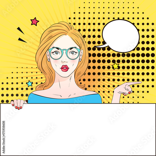 Pop Art Vintage advertising poster comic girl in round glasses holds a white banner points aside . Comic woman with speech bubble. Vector illustration