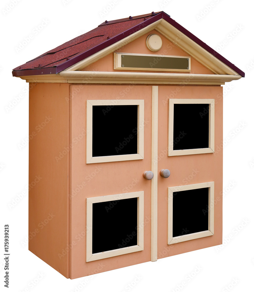 The village  wooden mailbox  as small toy pink home isolated