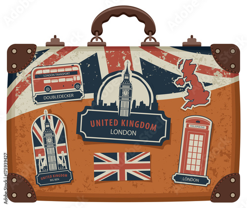 Vector image of travel suitcase with stickers set with British symbols, monuments and flag of the United Kingdom in retro style