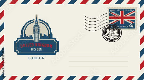Vector envelope with London Big Ben, a postage stamp with flag of United Kingdom and rubber stamp in form of royal coat of arms