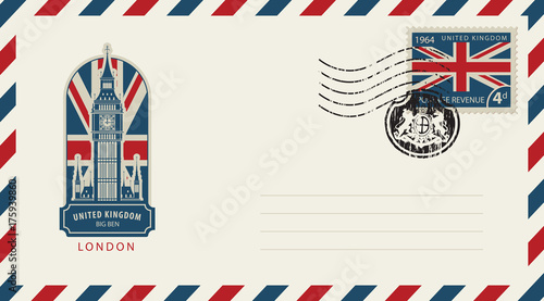 Vector envelope with London Big Ben, a postage stamp with flag of United Kingdom and rubber stamp in form of royal coat of arms