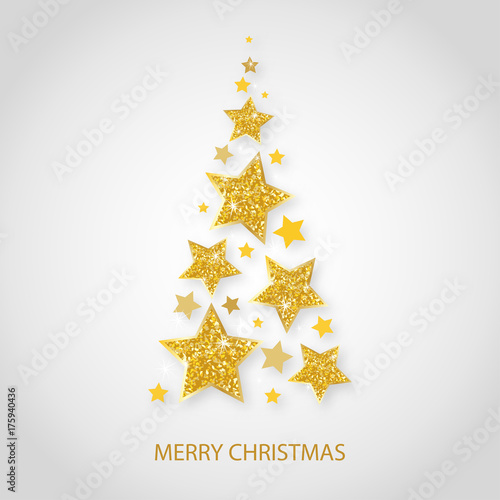 Vector christmas abstract fir tree of shining golden stars. Glowing Glitter background with stars of gold, volumetric design. Xmas and new year invitation template.
