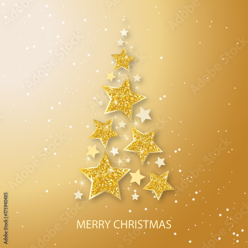 Vector christmas abstract fir tree of shining golden stars. Glowing Glitter background with stars of gold, volumetric design. Xmas and new year invitation template.