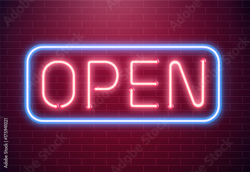 Bar open light Neon Sign. Night store red glowing letters . Open 24 hours sign photo