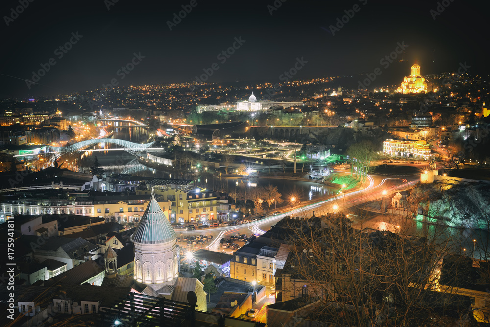 Top view of the Georgian capital Tbilisi at night
