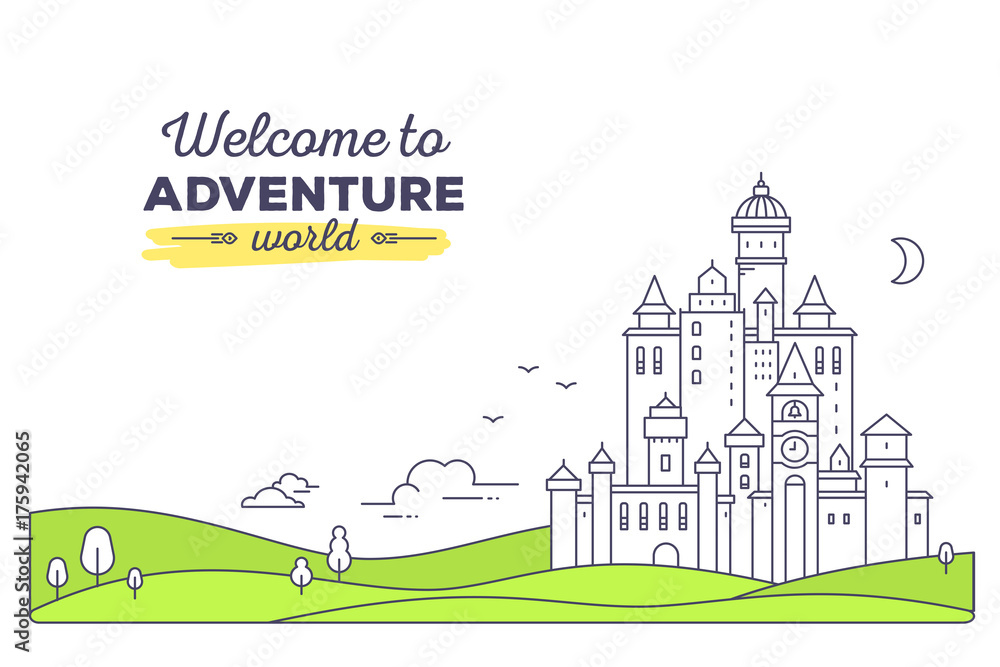 Obraz premium Vector template with illustration of landscape. Castle with tree, cloud on white background with green meadow and title.